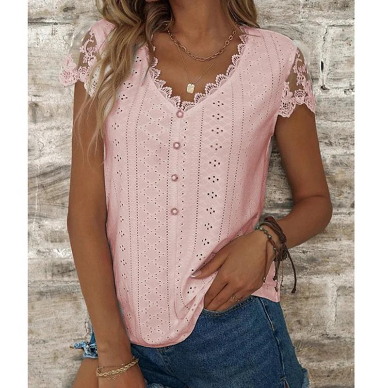 Summer New Elegant Fashion Chic T-shirt Women Basic Straight Solid Short Sleeve V Neck Hollow Lace Top
