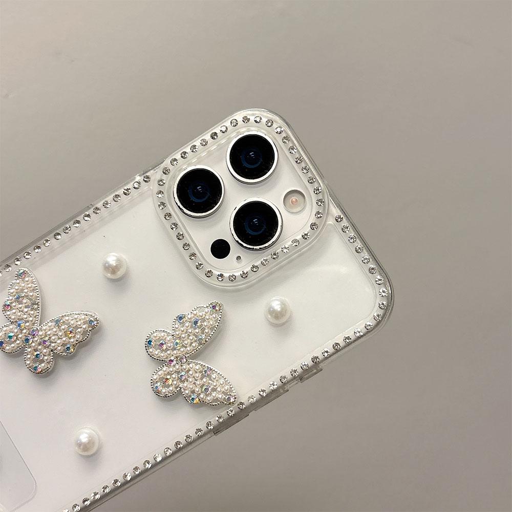INS Korea Glitter 3D Pearl Butterfly Diamond Phone Case  For Samsung S25 S24 S23 Ultra Plus S22 S21 FE A16 A26 A36 A56 A06 A15