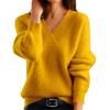 Женская мода V-образный вырез однотонный трикотажный низ рубашка длинный рукав пуловер топ свитер