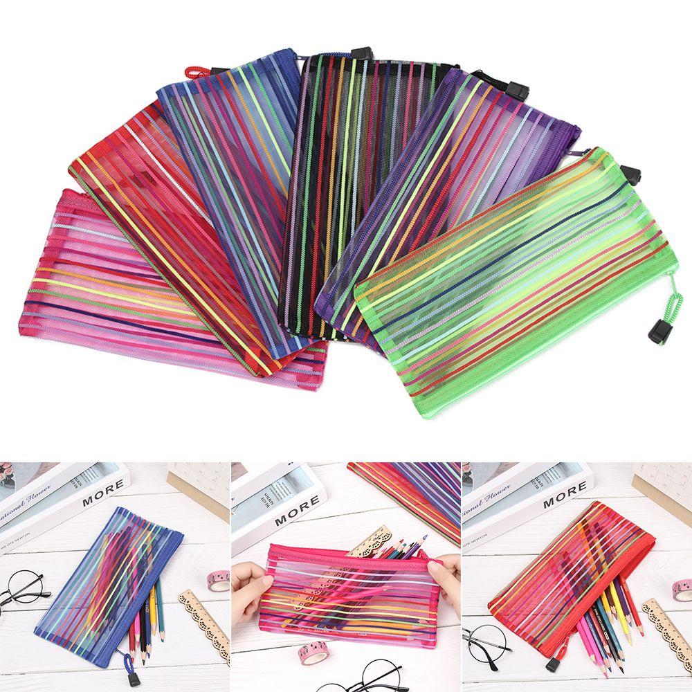 Purse Makeup Stationery Rainbow Color Nylon Grid Cosmetic Storage Mesh Pen Bag Zipper Pencil Case