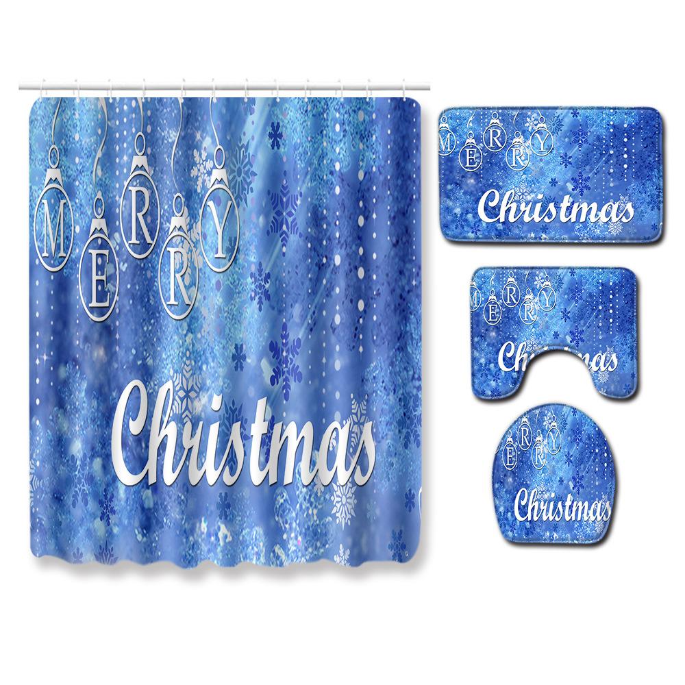 Christmas Home Shower Curtain Polyester Cloth Four-Piece Toilet Floor Mat Bathroom Non-Slip Door Mat Bedroom Carpet