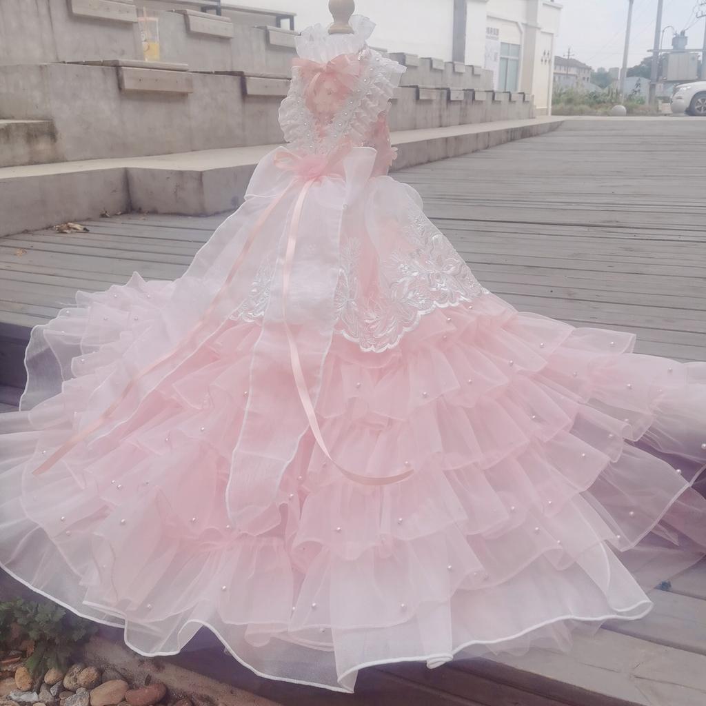 Pet Dog Clothes Luxury Handmade Pearl Lace Flower Print Long Tail Photography Dresses for Small Medium Dogs Puppy Clothing XS-XL