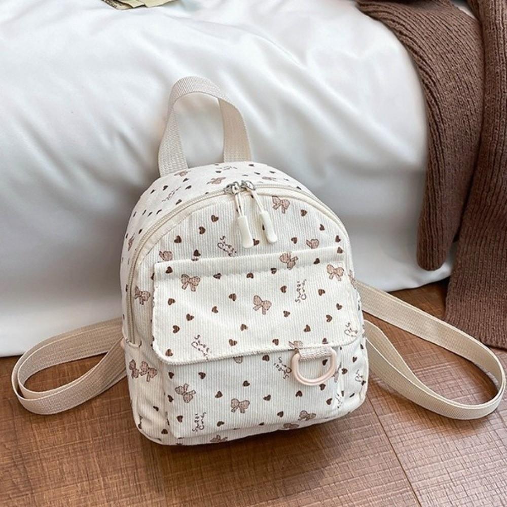 Lightweight Shoulder Bag Heart Bow Print Rucksack Ins Style Corduroy Mini Backpack School