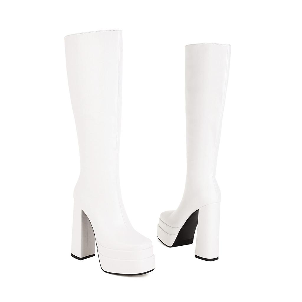 Krazing Pot ПУ Осенне-зимняя обувь на очень высоком каблуке с каменными узорами Европейский дизайн Платформа Сохраняет тепло Высокие сапоги до бедра