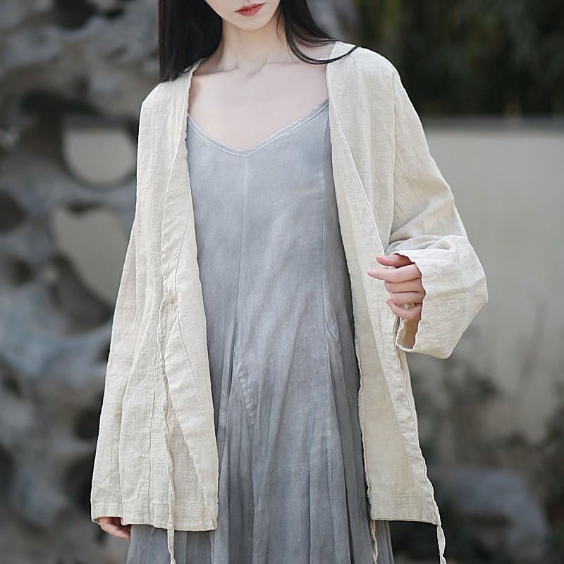 Johnature Women Chinese Style V-Neck Long Sleeve Autumn Solid Color Belt Coats