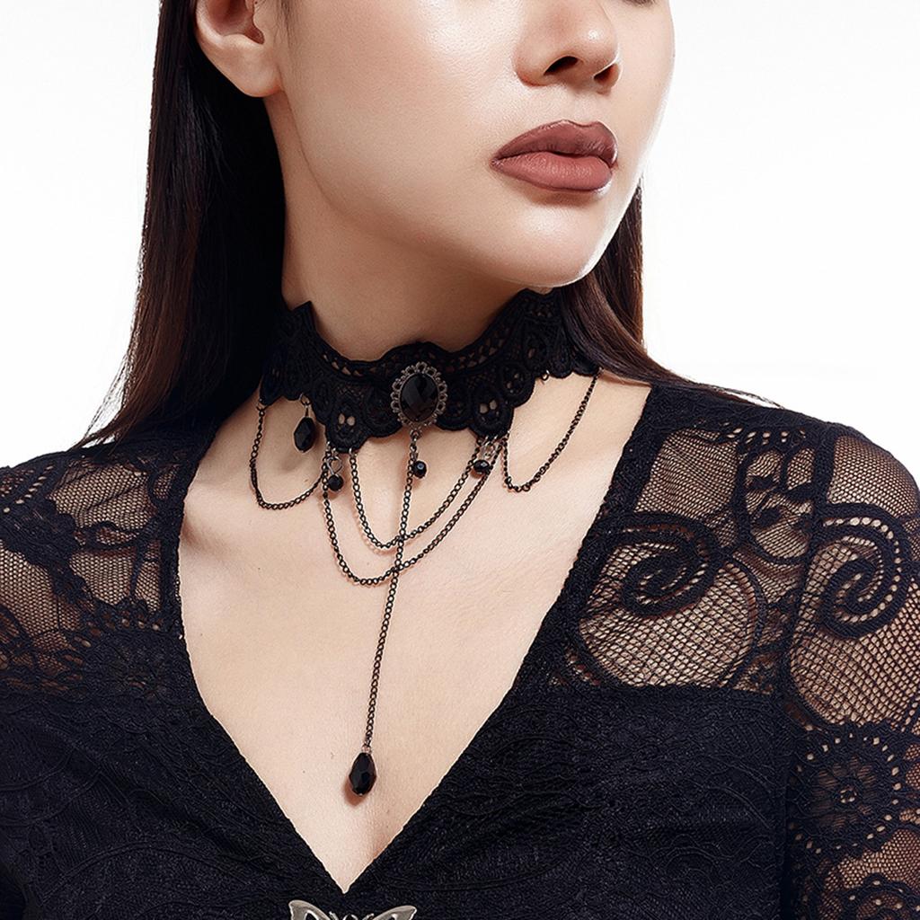 Аксессуары, Лолита темное кружево цепочка на ключицу, винтажное ожерелье-чокер с черным кристаллом в виде летучей мыши