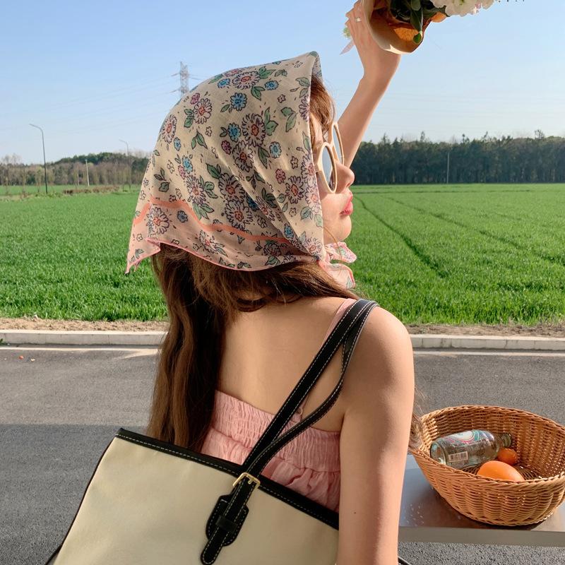 55Cm Sweet Floral Print Small Square Scarf For Women Girl Cute Soft Flower Scarf Hairband Headband Korean Hair Scarves
