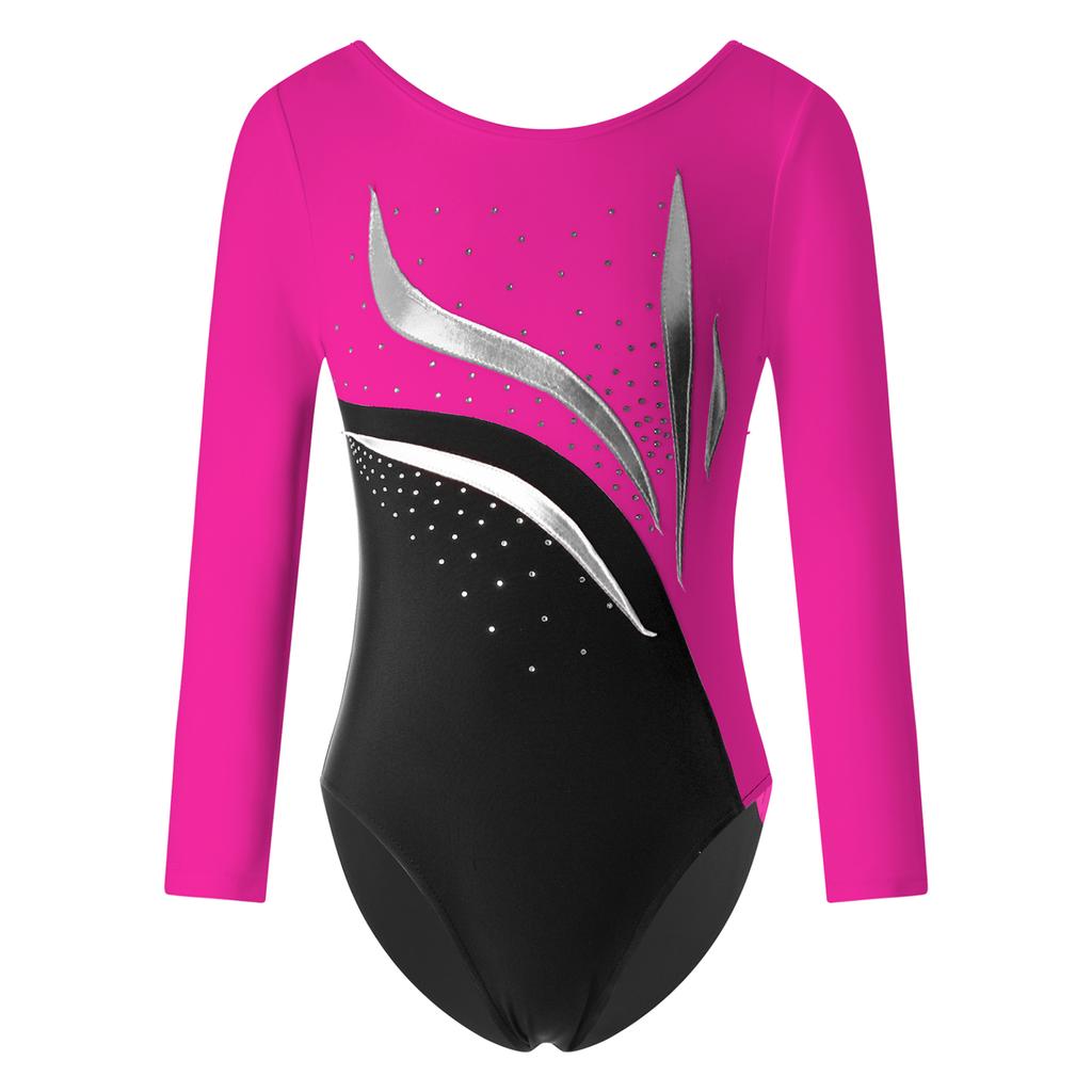 Kids Girls Stylish Clothing Long Sleeve Round Neckline Shiny Rhinestone Decorated Slim Fit Dance Leotards
