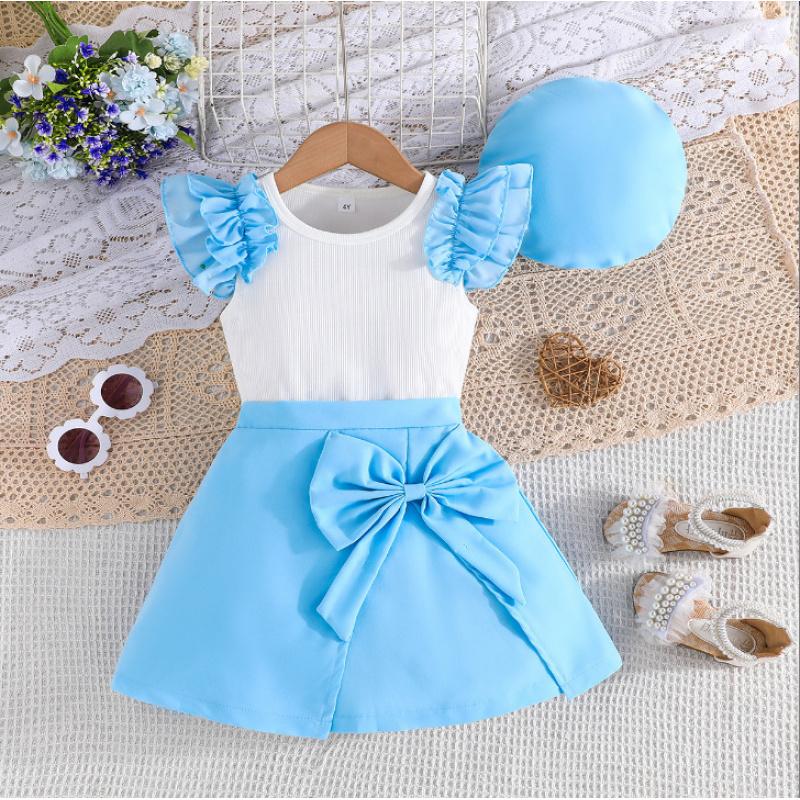 Новый комплект для девочек: топ с короткими рукавами-крылышками и бантом + короткая юбка + шляпа. Милый модный комплект