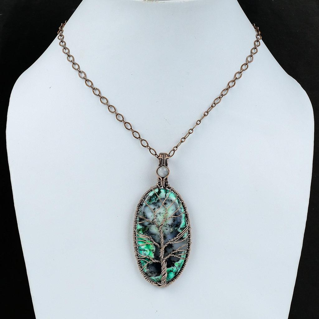 Подвеска из зеленого дендрита и опала «Дерево жизни», подвеска из медной проволоки, ювелирное изделие ручной работы, подвеска из радужного лунного камня, подвеска из настоящего драгоценного камня из меди