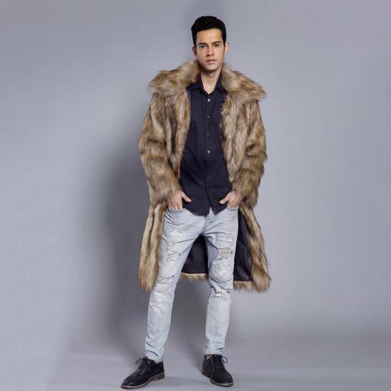 Мужское длинное пальто из искусственного меха с отворотом и длинным рукавом, ветрозащитное пальто с открытым передом, утолщенное теплое пальто из искусственного меха