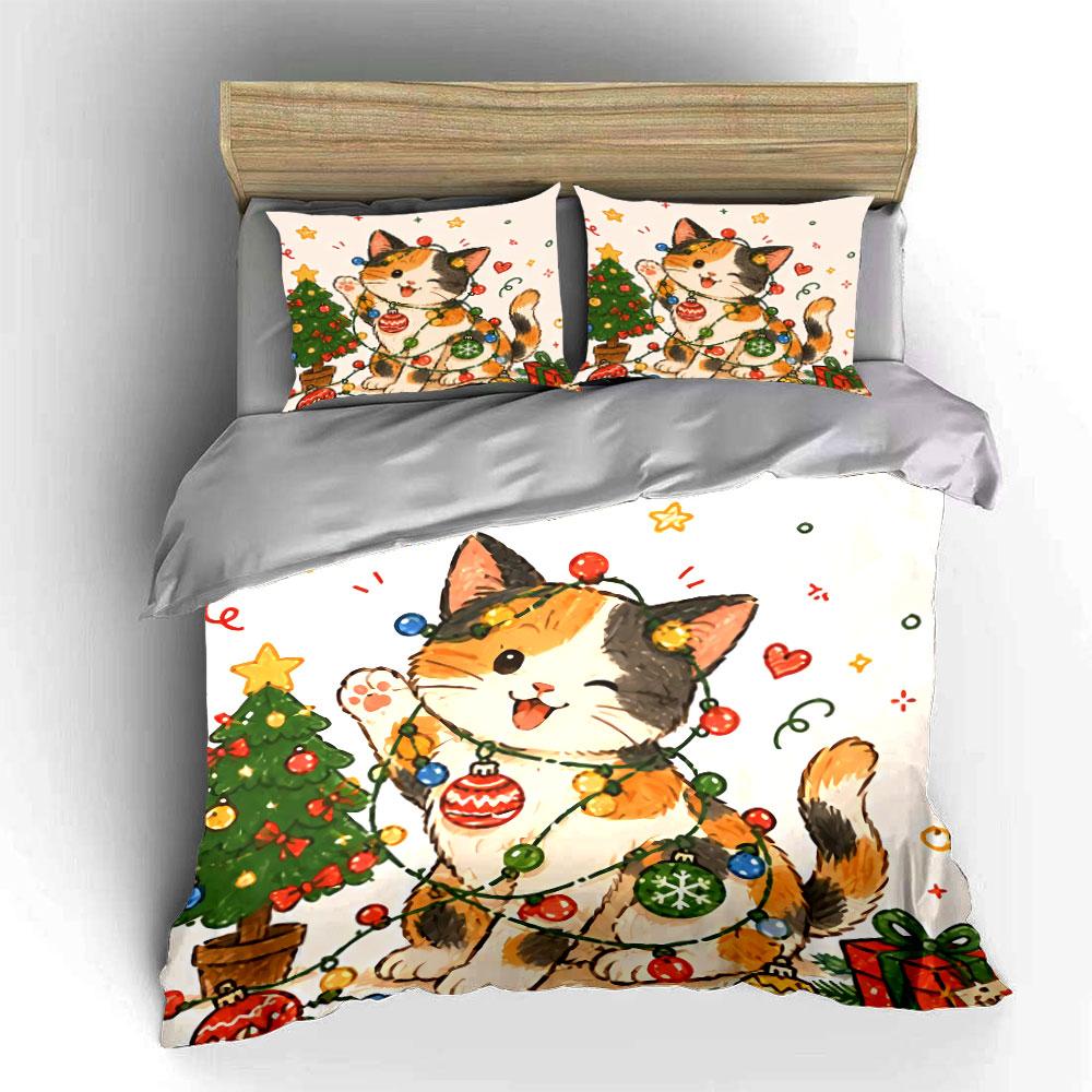 Cute Christmas Cat with Lights Bedding Duvet Cover Set Duvet Cover Pillowcases (1*Duvet Cover 2*Pillowcases, without duvet insert)
