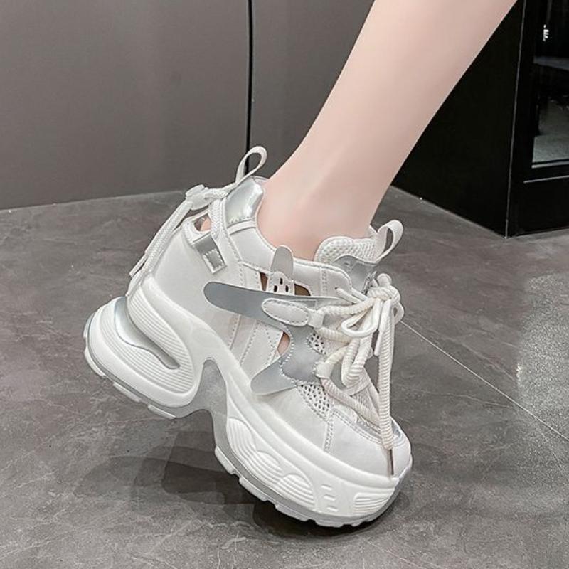11CM Women Platform Sneakers Lace Up Sports Dad Shoes High Top Chunky Casual Shoes Woman Thick Bottom Mesh White Shoes