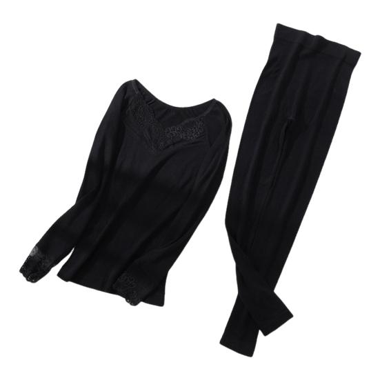 1 комплект женского термобелья, осенне-зимний кружевной V-образный вырез, длинный рукав, рубашка, длинные брюки