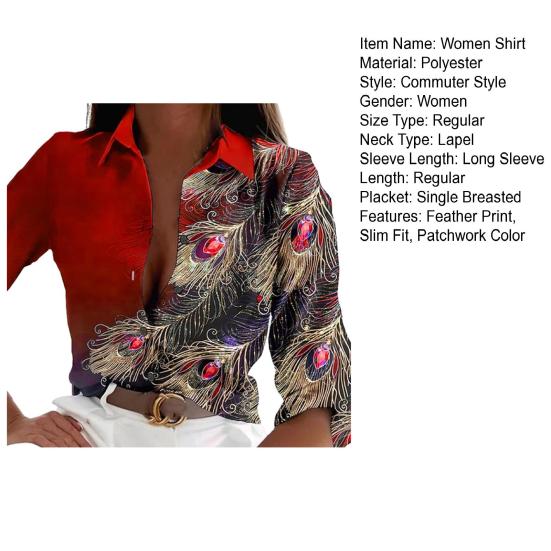 Women Spring Autumn Shirt Tops Lapel Long Sleeve Faux Gemstone Feather Print Single Breasted Shirt Streetwear