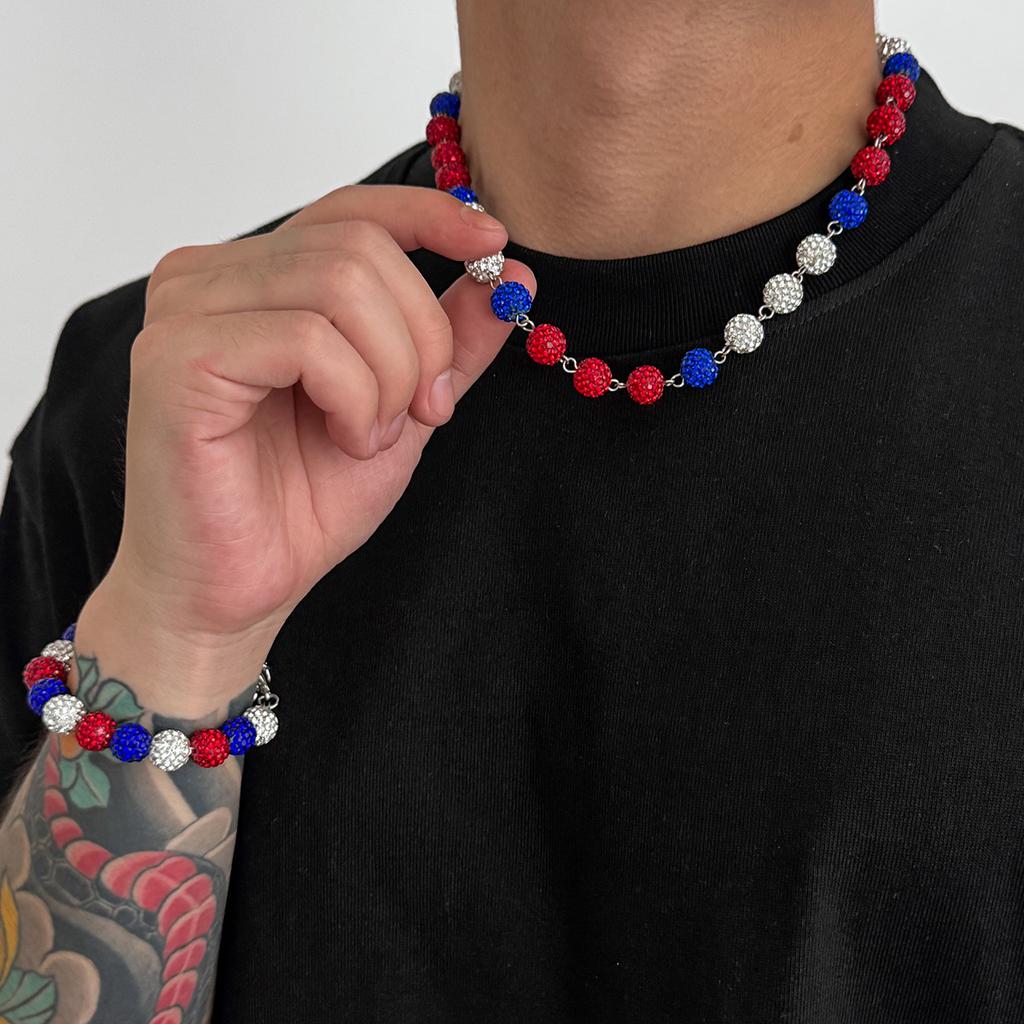 Colorful Diamond Ball Necklace Bracelet Set for Men Hip Hop Niche Men's Collarbone Chain Beaded Bracelet