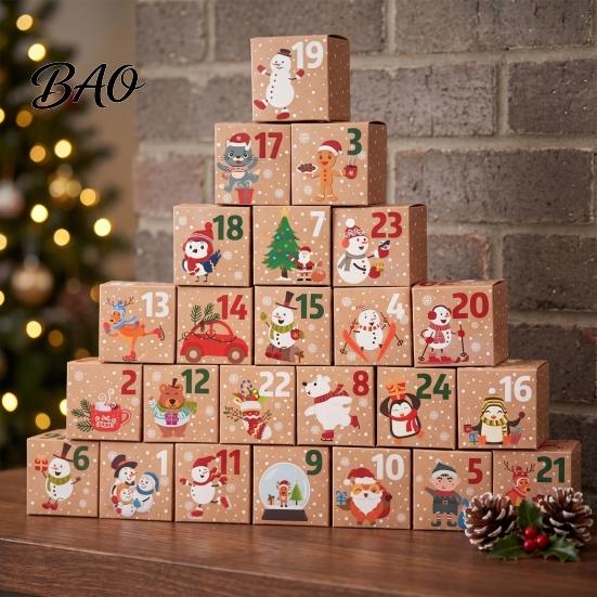Christmas Countdown Calendar Box 24 Pcs DIY Advent Boxes, Days Gift Box, Santa Snowman Elk Print Boxes Empty Cardboard Number to Fill for Adults,