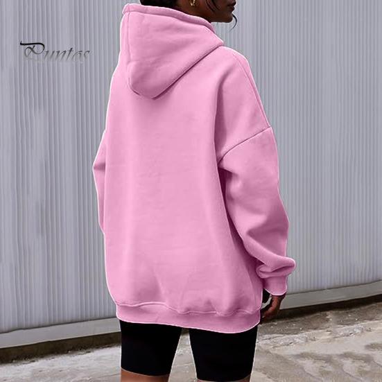 Women Fall Winter Hoodie Thick Hooded Long Sleeves with Big Pocket Plus Size Mid Length Solid Color Loose Elastic Cuffs Drawstring Sport Top
