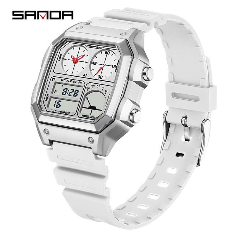 Sanda Temu Студенческие спортивные часы с измерением температуры, водонепроницаемые, двойной дисплей, многофункциональный квадратный дизайн