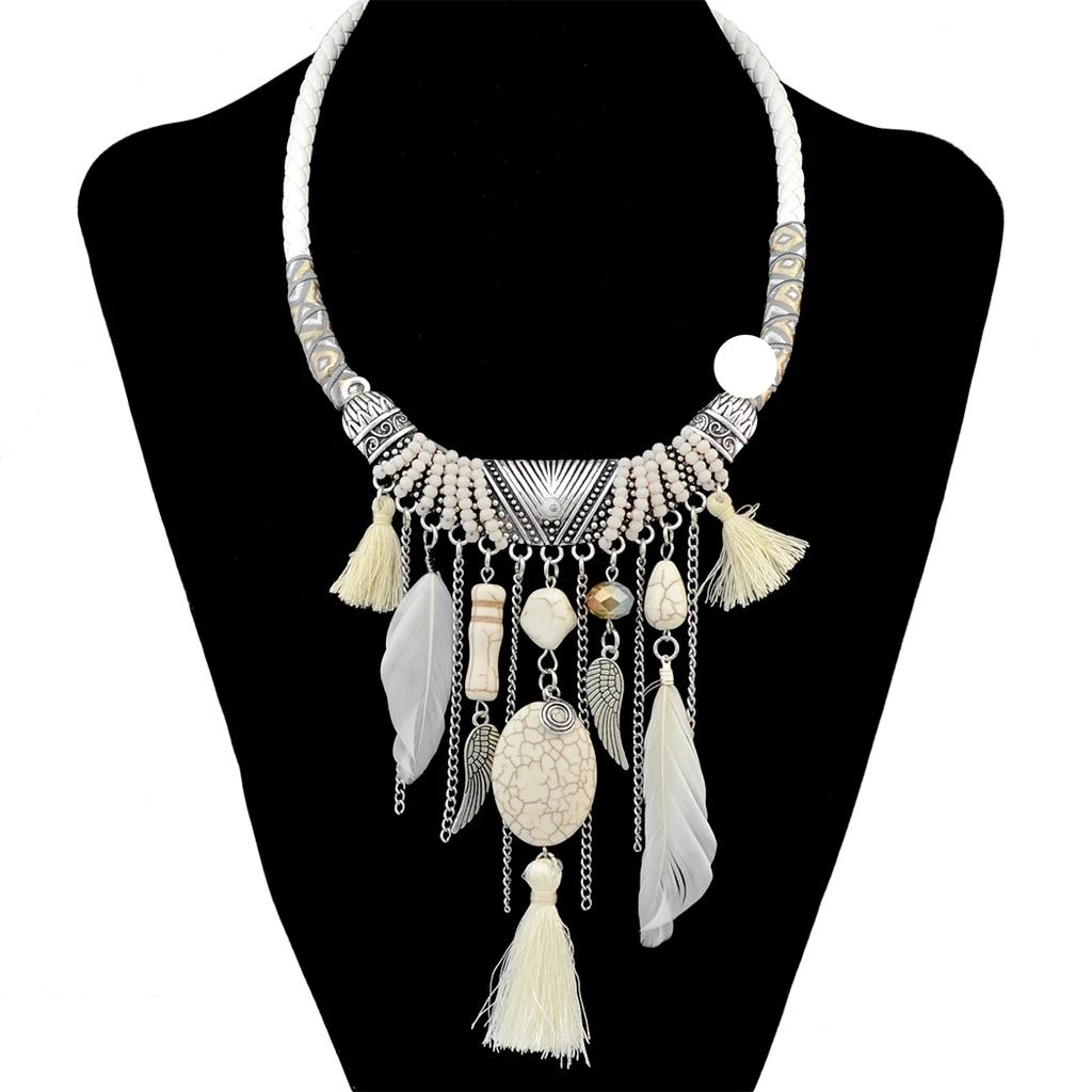 Ethnic Vintage Boho Tassel Necklaces for Women Feather Beads Necklace Bohemian Party Jewelry Gift AVE