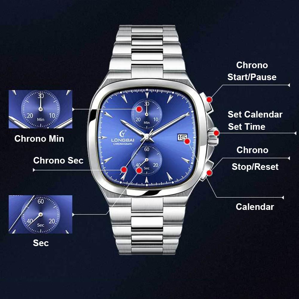 Luxury Chronograph Watch Men Business Chrono Quartz Wristwatches Square Sports Watch VK61 Movt 50M Waterproof Clock Gift Longbai