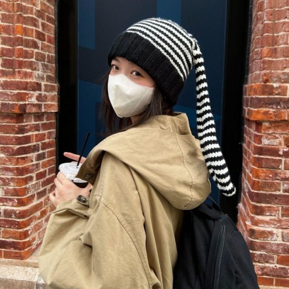 Harajuku Women Beanie Hat Y2K Stripe Skull Cap Casual Rabbit Ears Hat Outdoor