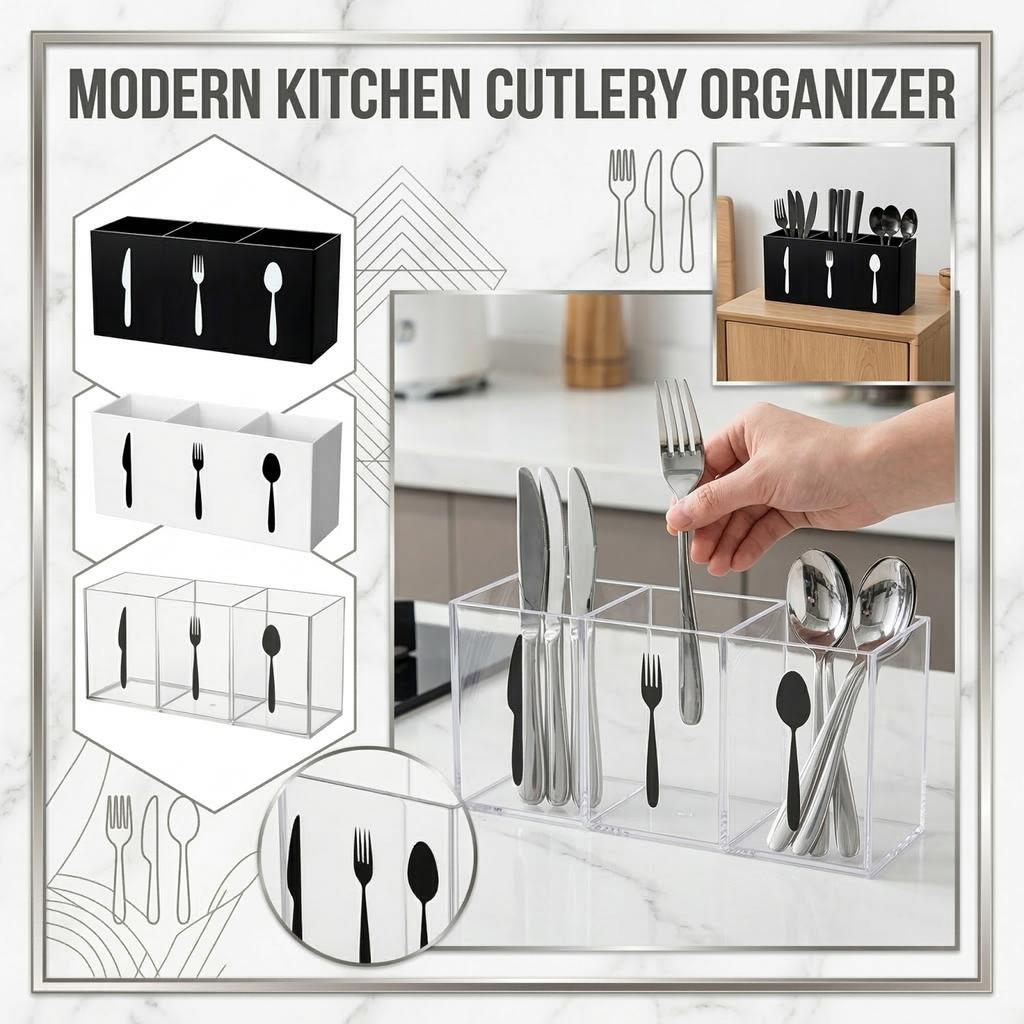 Cutlery Organizer Box with Separate Compartments for Knife Fork Spoon Storage Kitchen Drawer Utensil Holder Container