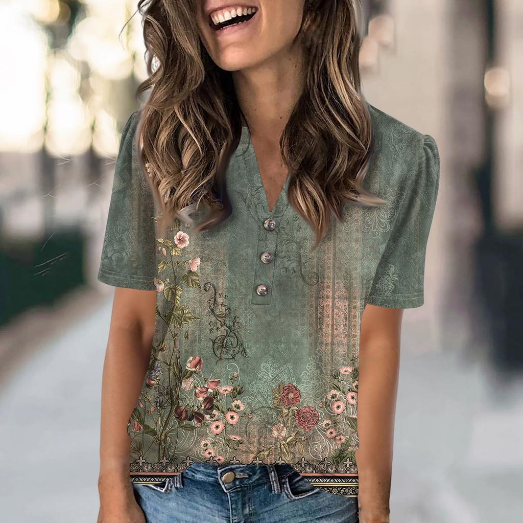 Women's Fashion Casual Flower Print V-neck Short Sleeve Button Up T-shirt Top