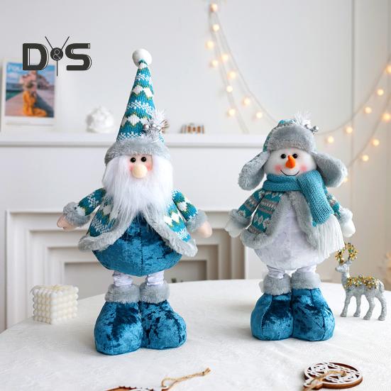 Christmas Doll Ornament Plush Standing Santa Claus Reindeer Snowman Figure with Telescope Leg Blue Gnome Doll Toy for Tree Fireplace Window Table