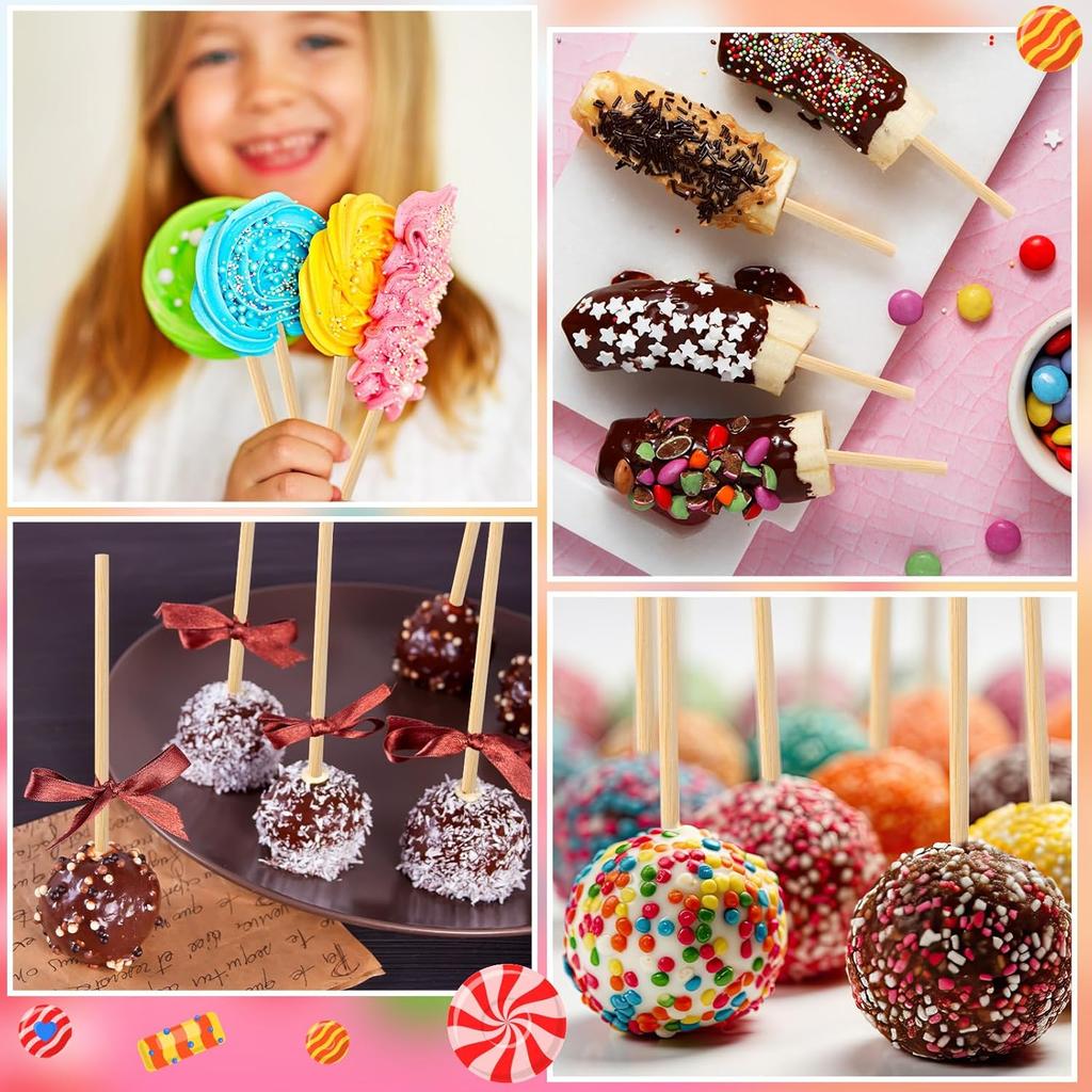 Bamboo Candy Apple Sticks, 100Pcs Semi Pointed Candy Caramel Lollipop Sticks, Natural Wooden Cotton Sticks for Candies, Chocolates Cookies Party