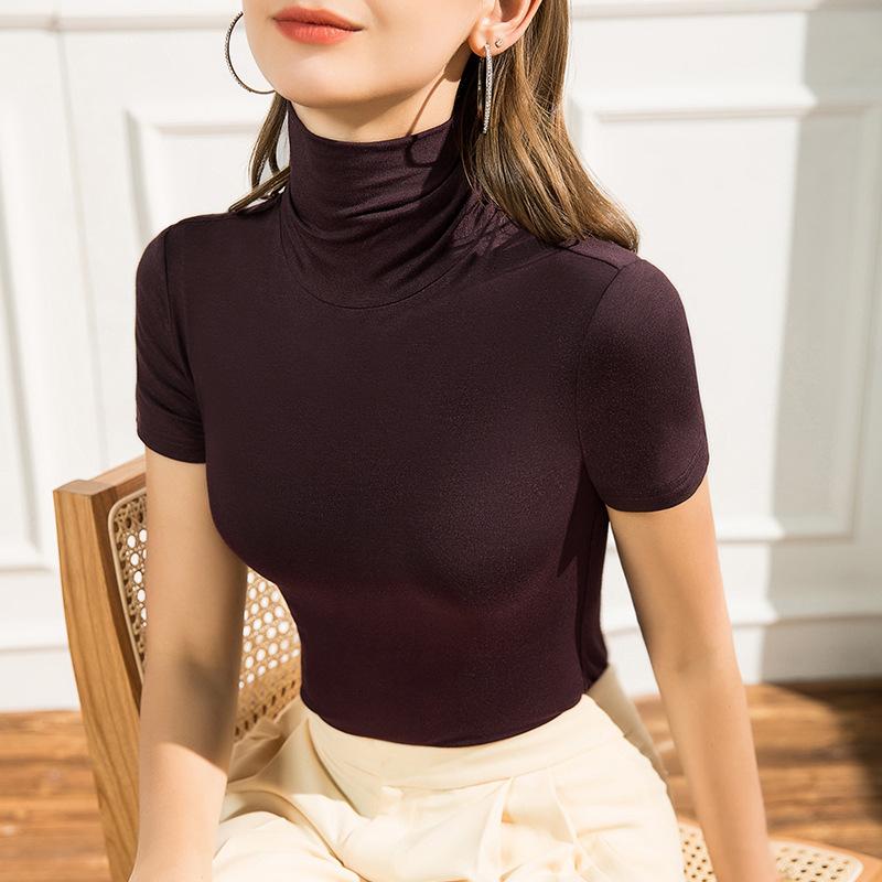 Весенняя футболка с коротким рукавом из модала, женская облегающая корейская рубашка с высоким воротом, однотонная универсальная рубашка на подкладке
