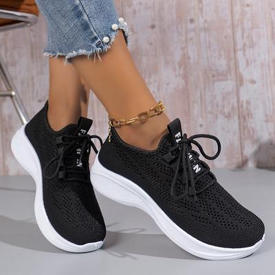 Модные черные трикотажные повседневные кроссовки женские сетчатые дышащие кроссовки на шнуровке женские легкие удобные спортивные туфли на платформе женские