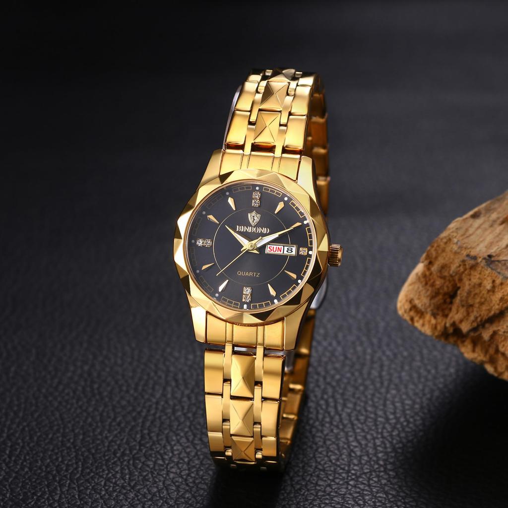 Часы золотые аналоговые простые с календарем дней недели 3ATM водонепроницаемые повседневные деловые женские часы с ремешком из нержавеющей стали на день рождественский подарок для женщин -