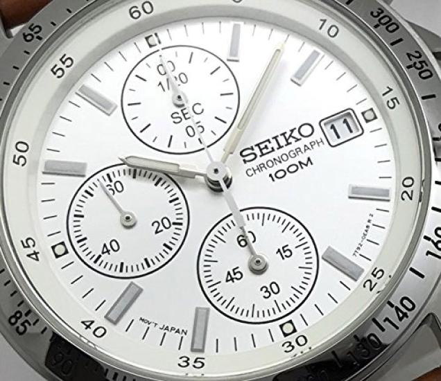 SEIKO Chronograph Watch with Genuine Leather Officially Distributed In Japan by Light Strap, Seiko, White, Brown, Camel, SND363P1-LBR [Used]
