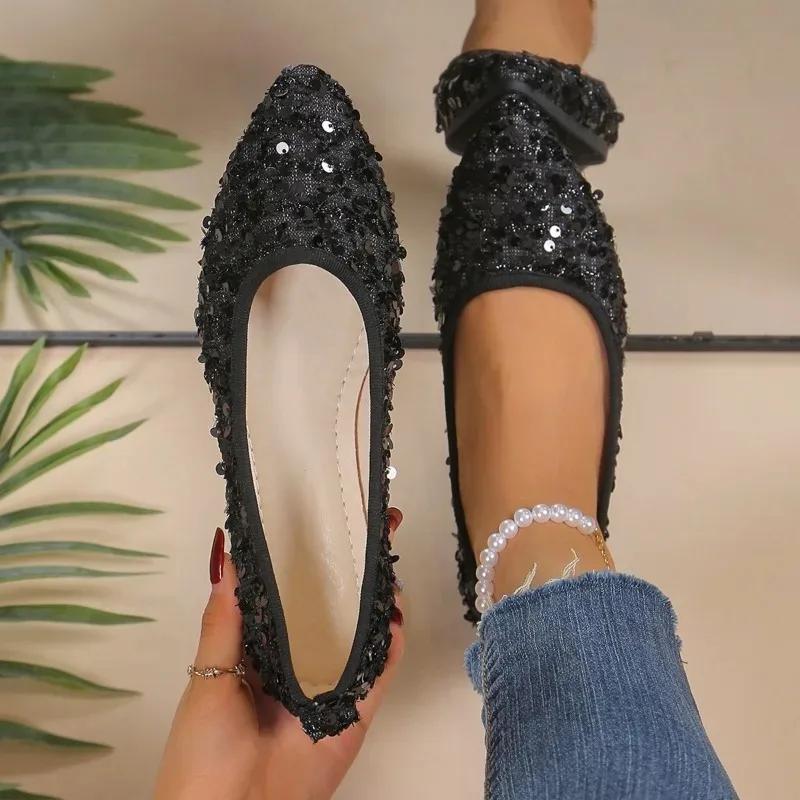 Fashion 2024 Hot Sale Women's Shoes Shallow Women's Flats Fashion Sequins Casual Flat Shoes Sexy Pointed Toe Plus Size Flat Low Heels