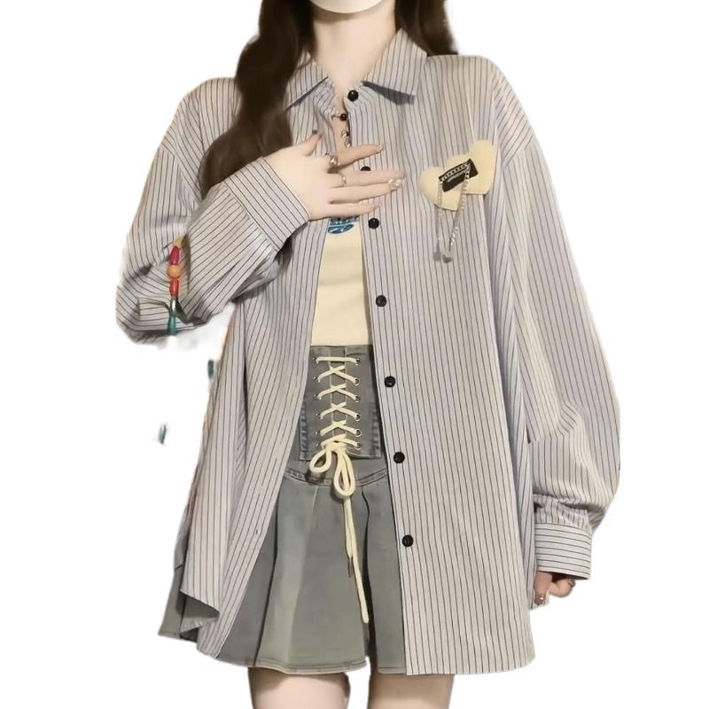 Синяя полосатая женская рубашка в студенческом стиле, тонкое пальто с длинными рукавами и уникальным декором, свободная женская одежда