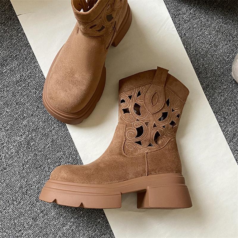 Новые женские замшевые ковбойские сапоги в западном стиле, винтажные с вырезами на толстой подошве, дышащие на высоком каблуке, летние ботильоны