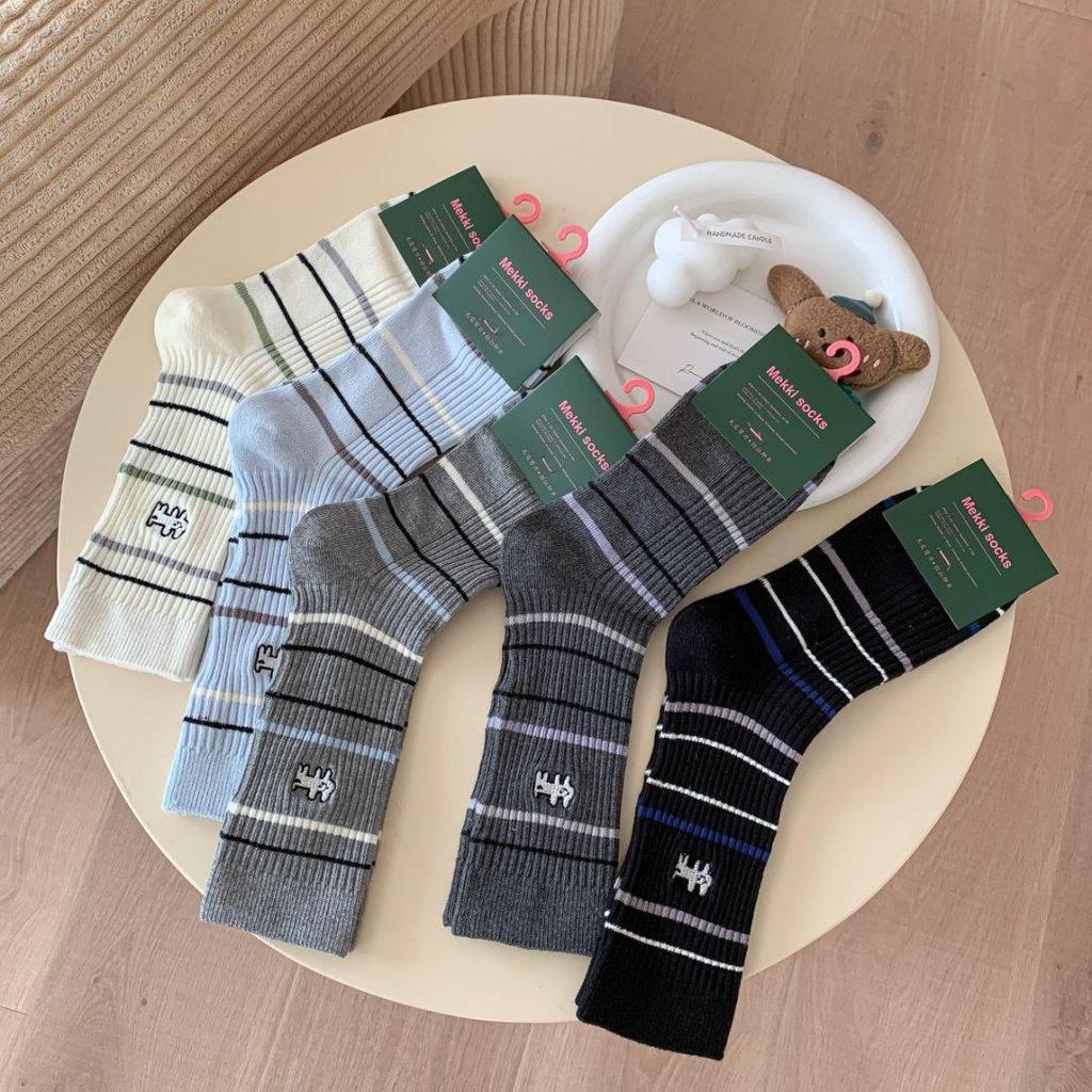 Мультяшная вышивка щенка, милые носки, женские осенне-зимние носки средней длины, корейские полосатые хлопковые вязаные эластичные длинные носки