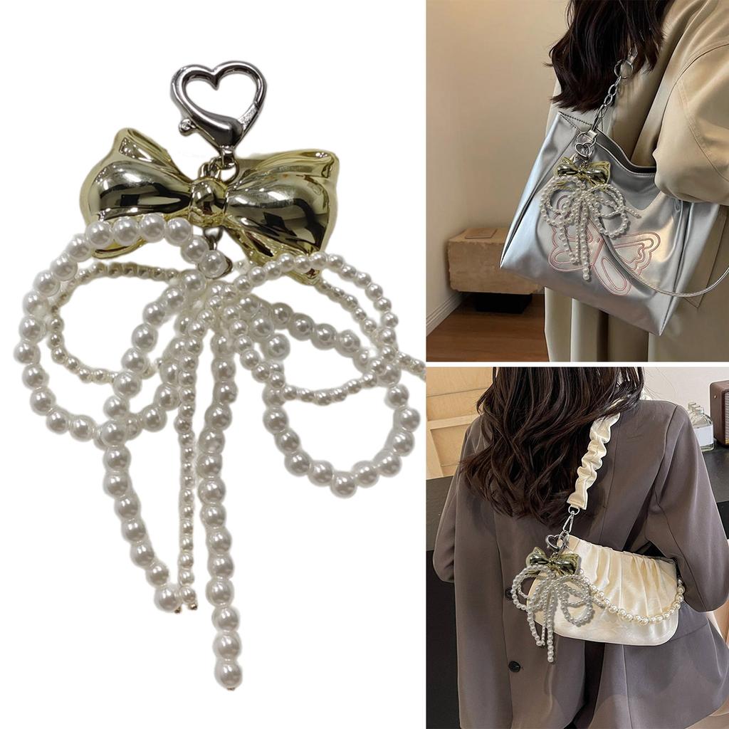 Elegant Pearl Bowknot Keychain Pendant Keyring Heart Charm Lovely Hanging Decorations for Purse Bag Backpack Handbag