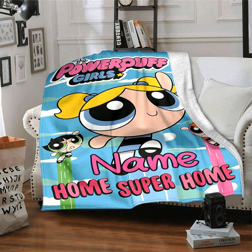 Custom Name Powerpuff Girls Adventure flannel Blanket for Super Soft Cute Comfort Blanket for Travel Bedding Couch Sofa Blanket