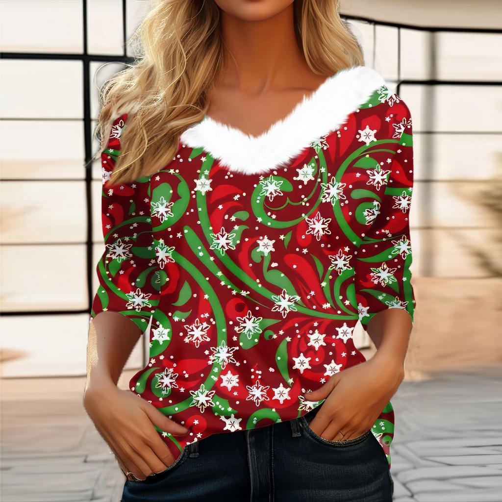 Женская мода с длинным рукавом и рождественским принтом, праздничный воротник, V-образный вырез