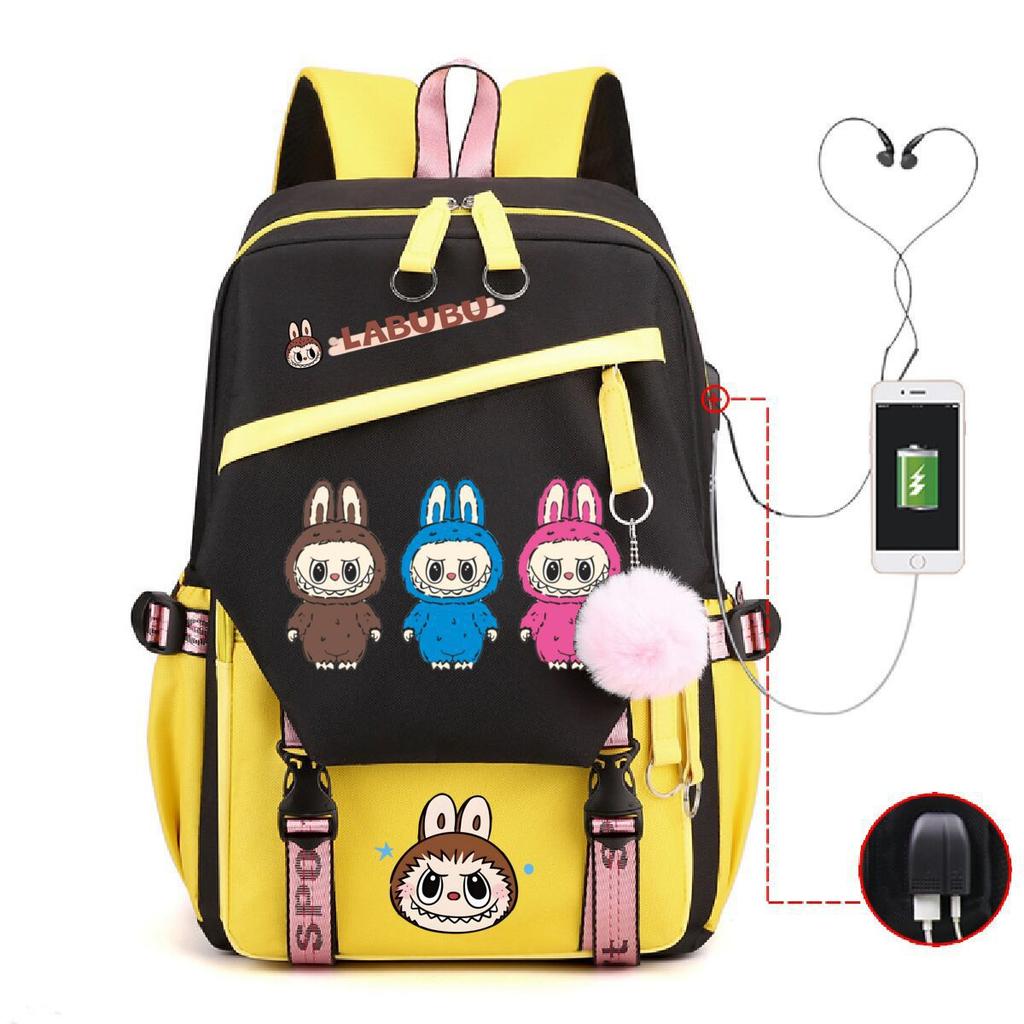 Студенческий школьный рюкзак с принтом Лабубу, многофункциональный, большой вместимости, с USB-портом