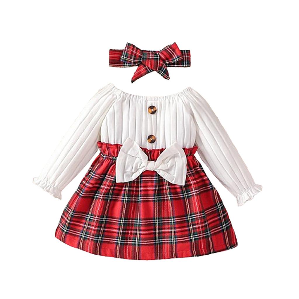 Children's Dress Plaid Waist Bow Dress One-shoulder Dress
