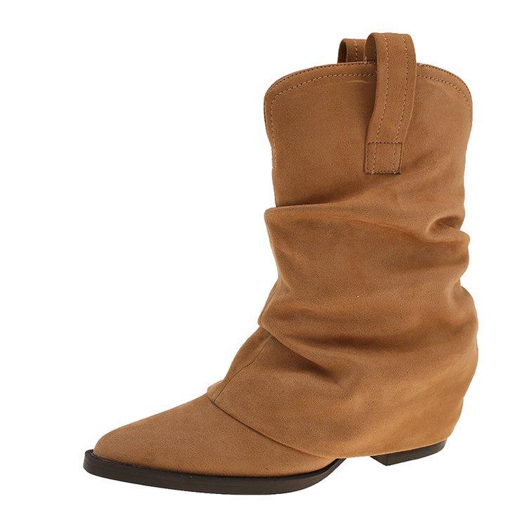 Fashion Comemore Autumn Vintage Pointed Toe Women Western Cowboy Boots Fashion Slip On Shoes Ladies Elegant Thick Heel Short Booties