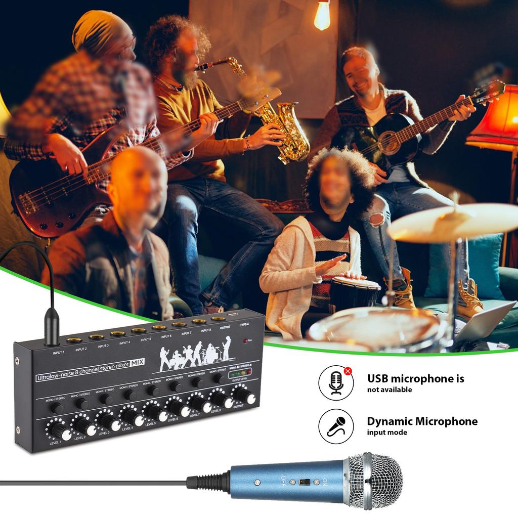 8-канальный аудиомикшер с переключением моно/стерео и индикатором уровня 6,35 мм TRS/TS