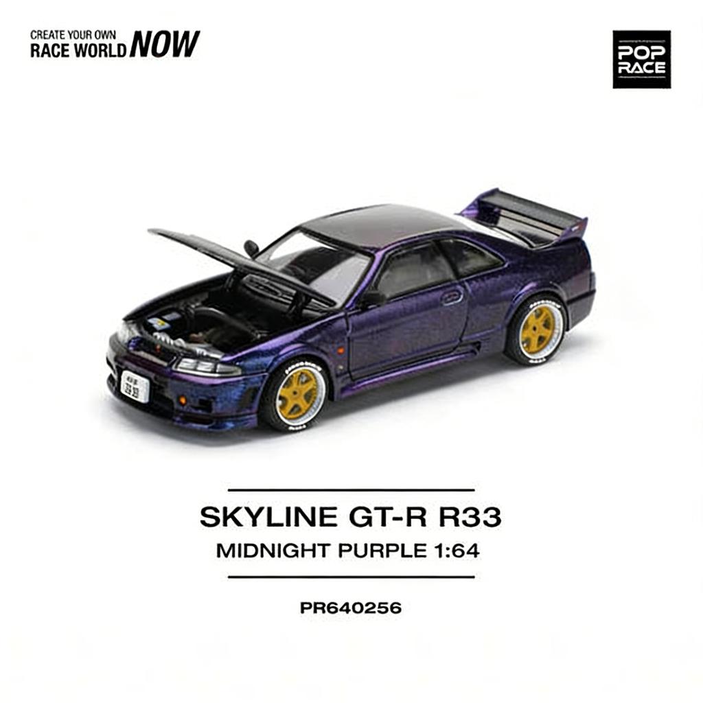in Stock POP RACE PR640256 1:64 Nissan Skyline GT-R R33 Midnight Purple (Carbon Hood, Gold Wheels) Diecast Model Car