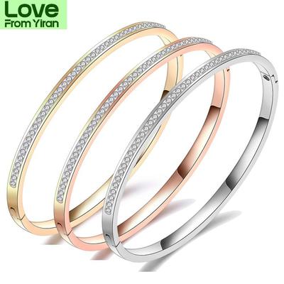 Модные ювелирные изделия браслеты с двумя линиями кристаллов и стразами из нержавеющей стали открывающийся браслет для женщин аксессуары