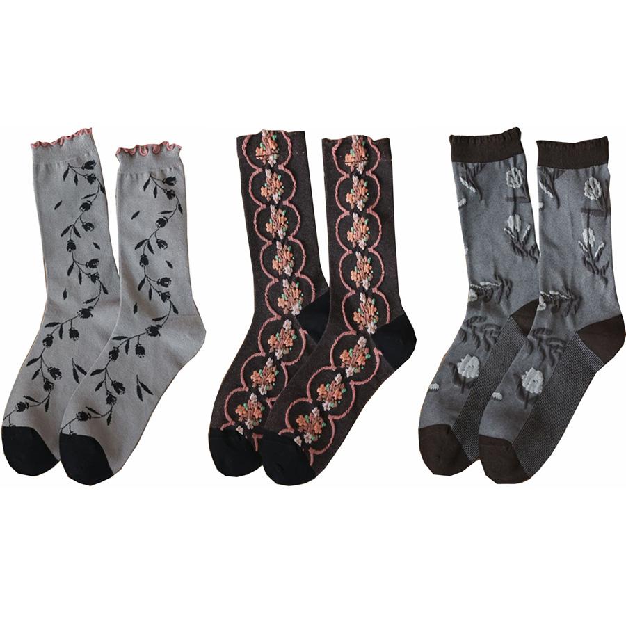 3 пары женских носков в корейском стиле с модным цветочным принтом на осень-зиму, комплект женских носков средней длины, мягкие и удобные носки для женщин