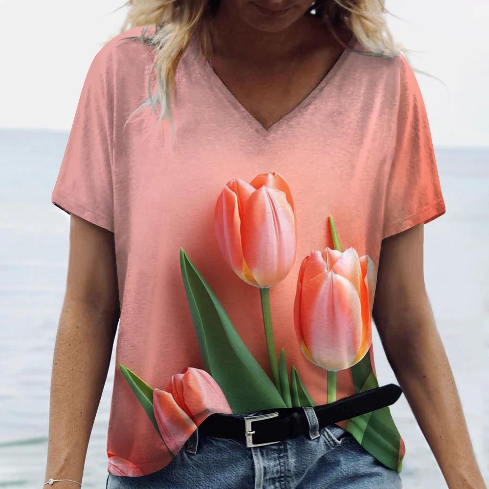 3D Tulip Floral Print T-shirt for Women, V-neck Short Sleeve, Summer Casual Top