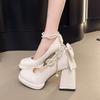 New Pearl Chain Small Single Shoes Thick Heel Mary Jane High Heels Bow with Skirt High Heels Women